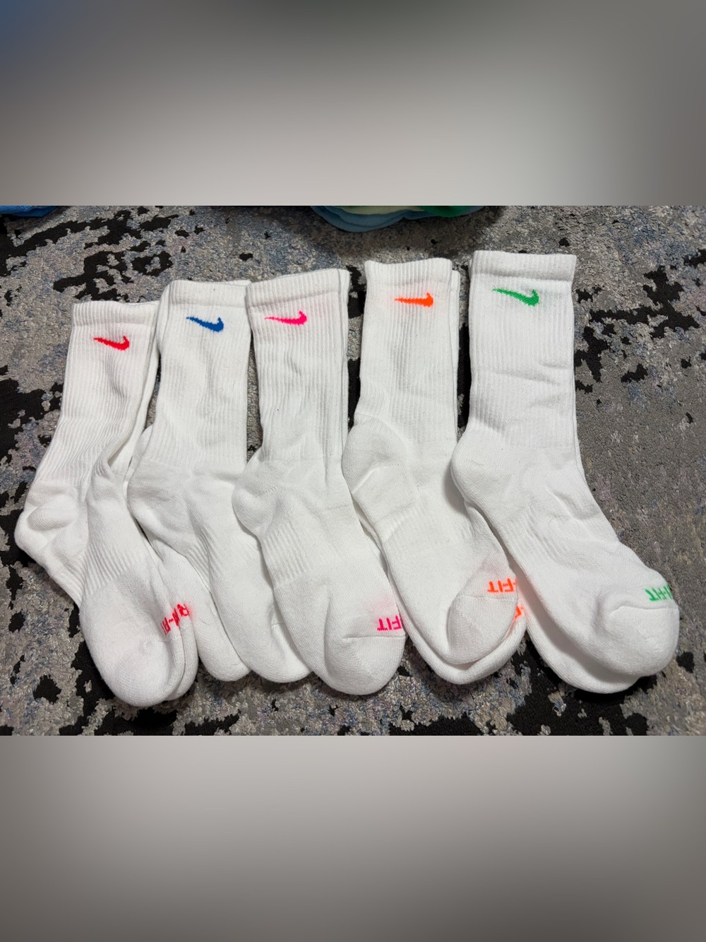Nike White Crew Socks with neon Blue, Pink, Orange & Green Swooshes